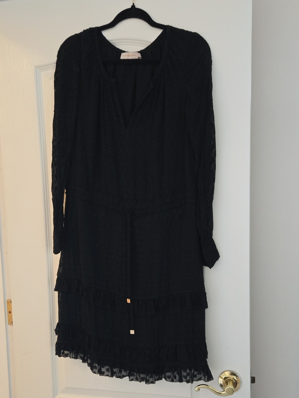 Tory Burch Black Long-Sleeve Tiered Ruffle Dress with Waist Tie